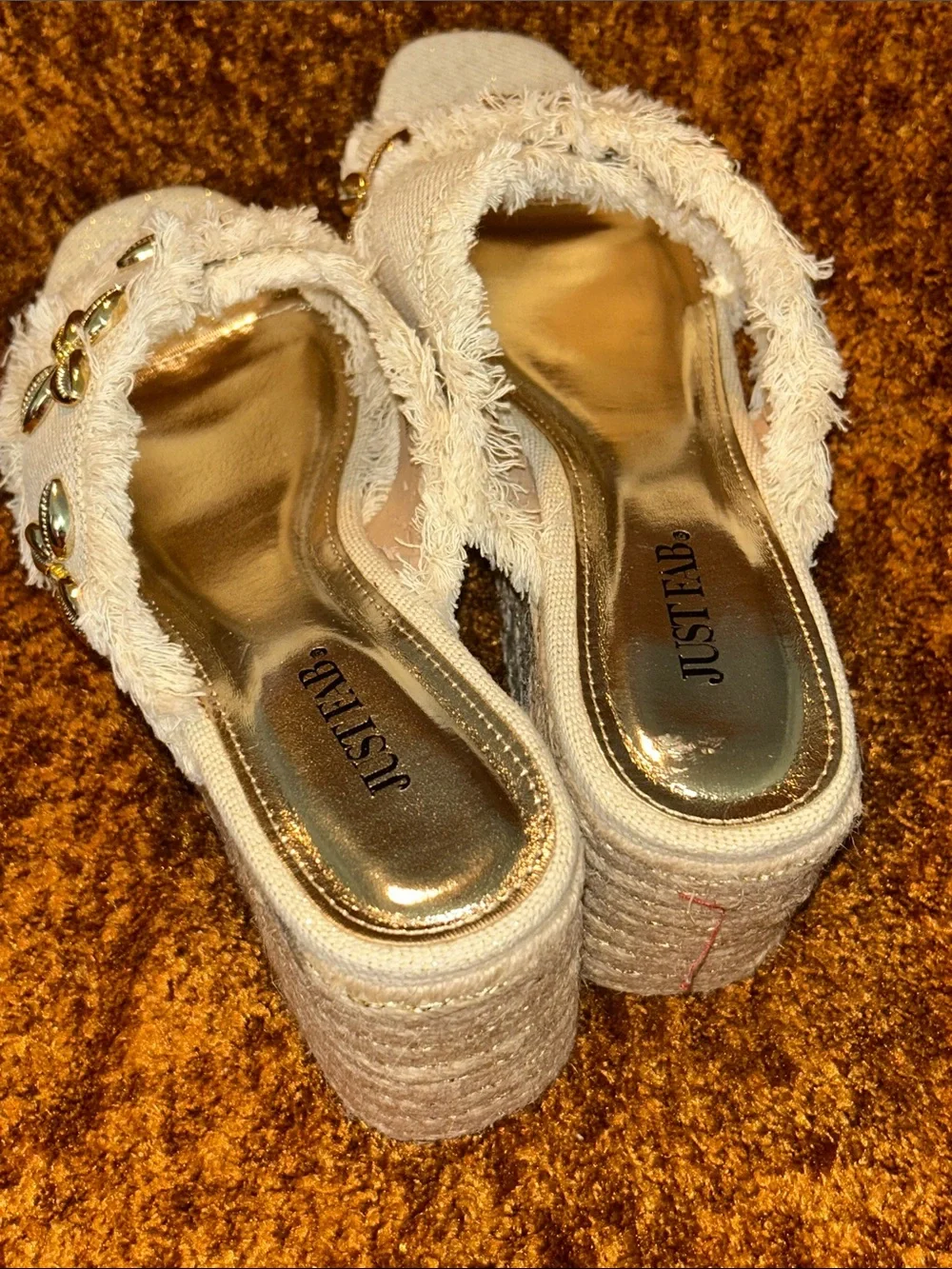 JustFab Cream Frayed Platform Slide Sandals with Gold Floral Accents